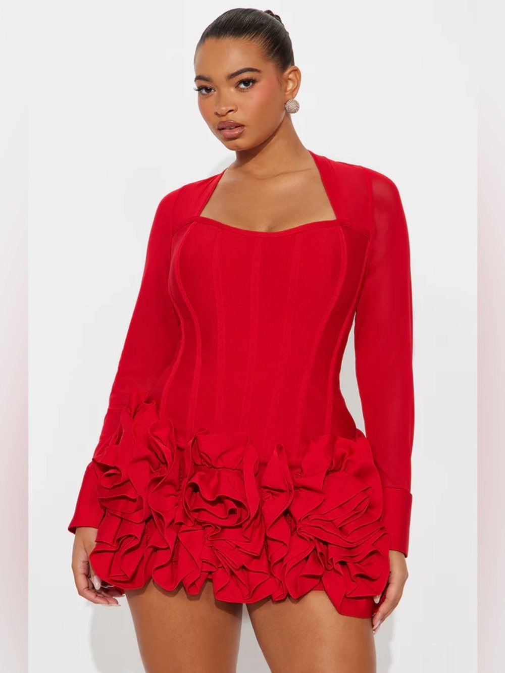 Fashion Nova Red Ruffle-Trim Long Sleeve Mini Dress - Picture 1 of 3